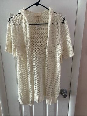 Nicole Miller Lightweight Open-Knit Hooded Cardigan Sweater - Cream